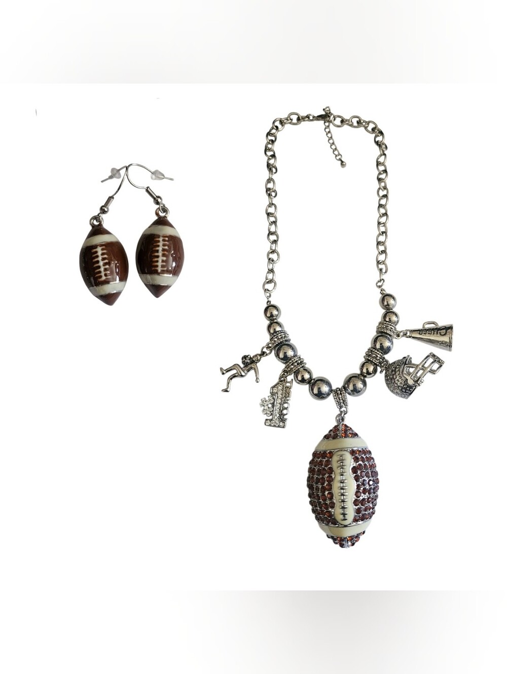 Women's Silvertone Football Novelty Rhinestone Charm Necklace and Earring Set